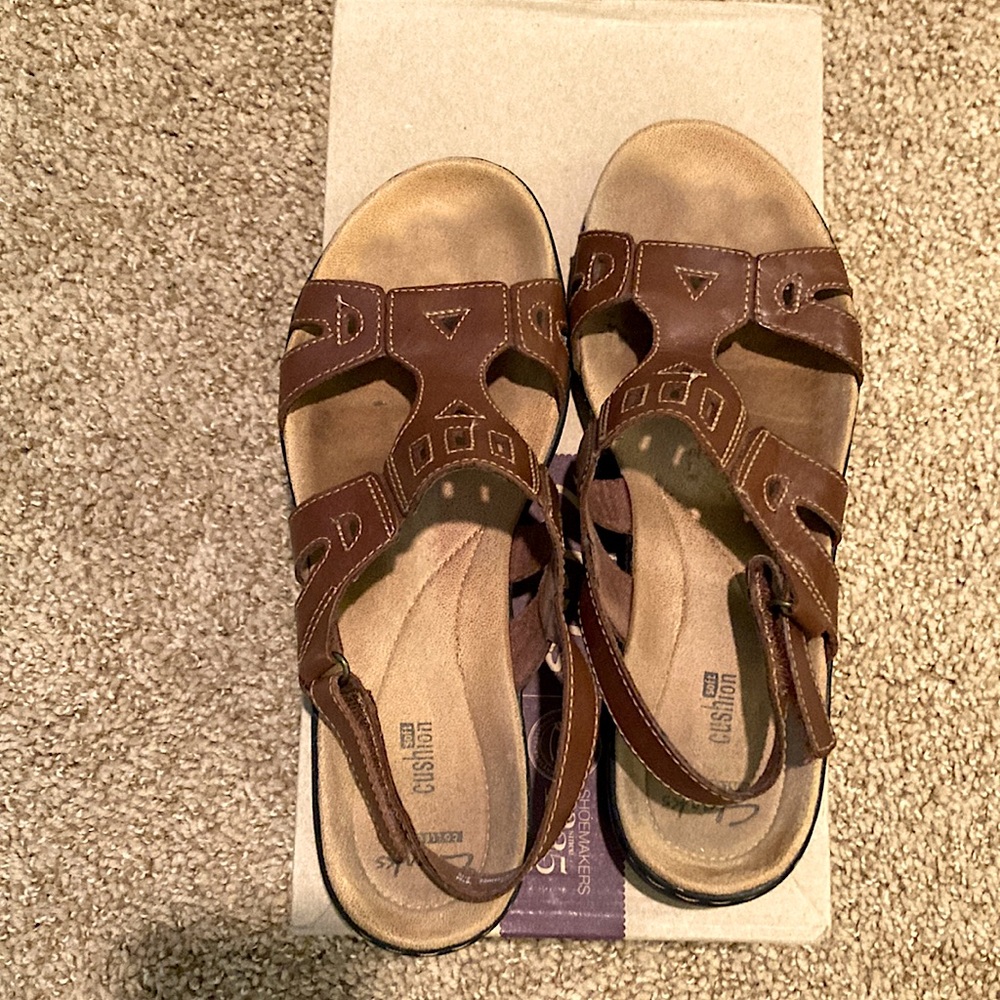 Brown Clarks sandals. Size 9.